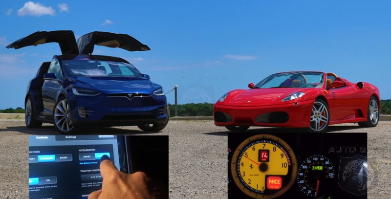 VIDEO: DRAG RACE! What Happens When You Line Up A Tesla Model X P90D With A Ferrari F430 Spider?
