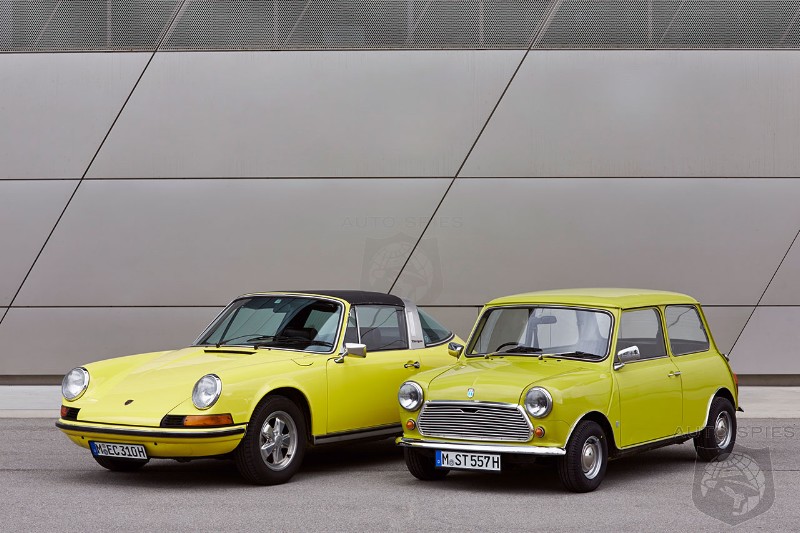 The classic Mini congratulates the Porsche 911 on its 50th birthday
